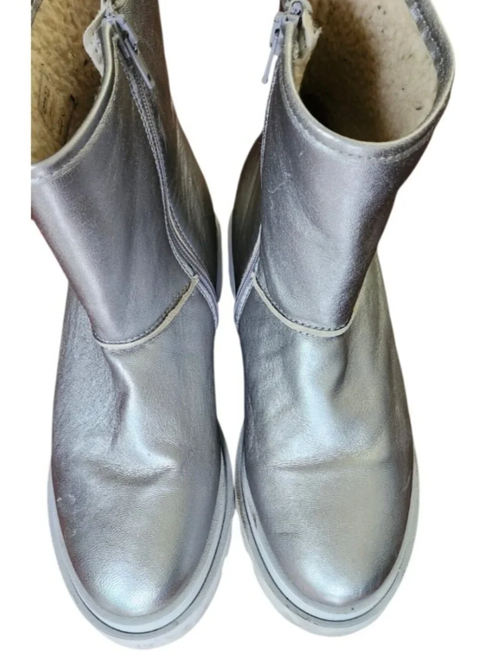 DWRS Metallic Silver Leather Ankle Boots Shearling Lined Platform Lug Sole 10.5